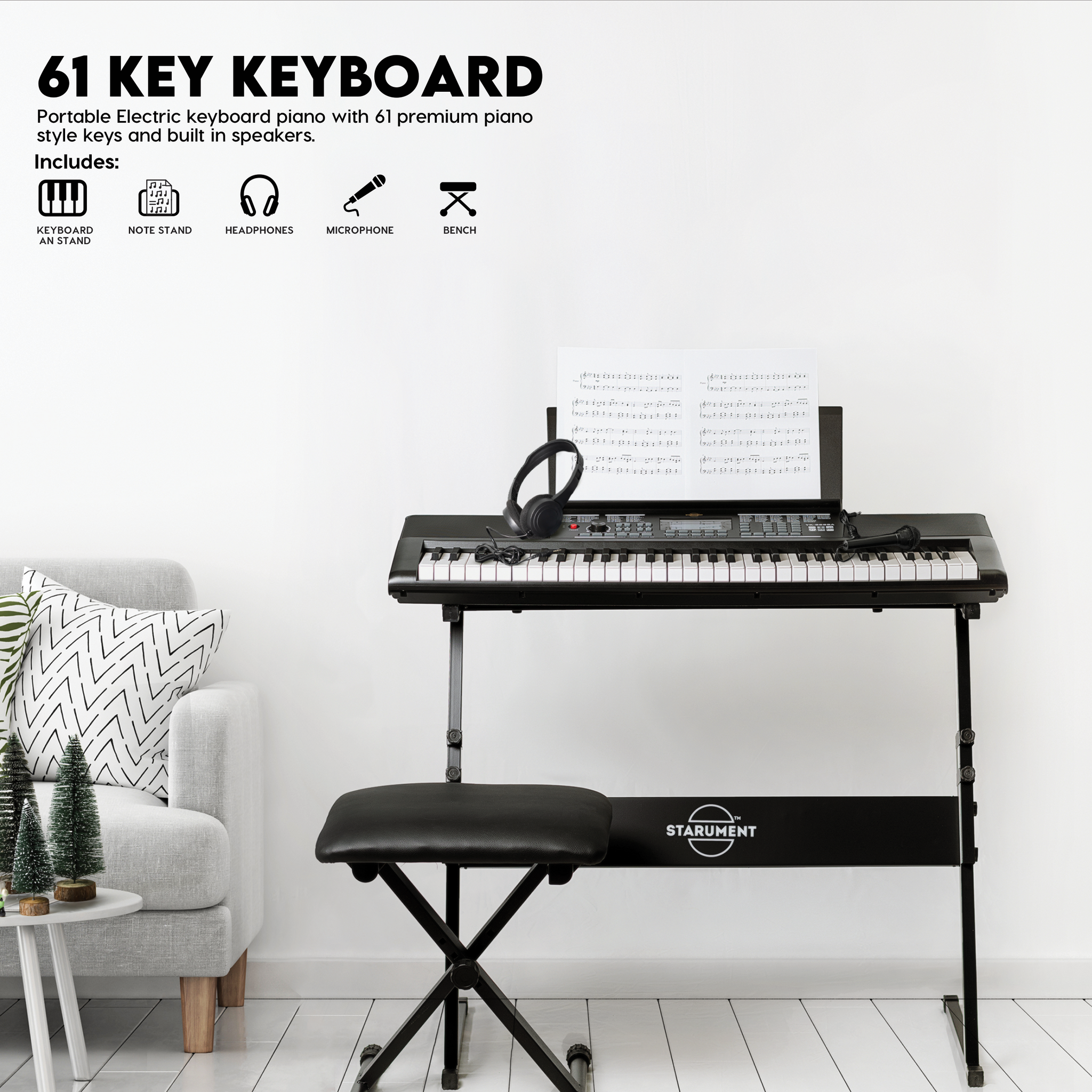 Starument 61 Key Premium Electric Keyboard Piano for Beginners with St