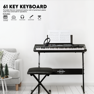 Starument 61 Key Premium Electric Keyboard Piano for Beginners with Stand, Built-in Dual Speakers, Microphone, Headphone, Bench & Display Panel